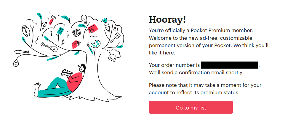 A screenshot of me completing the signup to Pocket's Premium service.